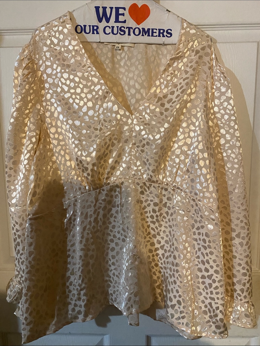 Wishing Waves - Flared sleeves- Metallic Cream V-Neck Satin Top - 2X